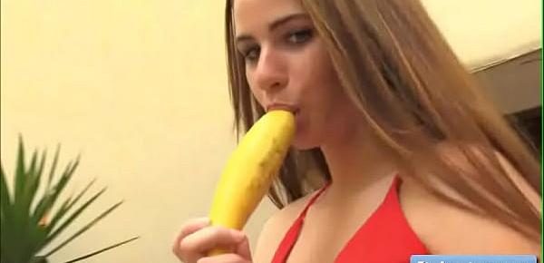  Natural busty teen amateur Aveline with pierced nipples fuck her shaved pink wet pussy with big banana